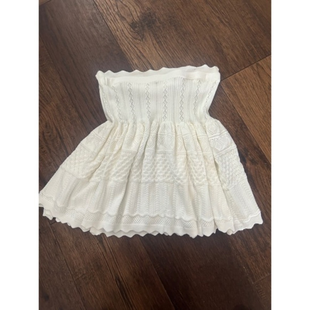 Y2K White Pointelle Knit Peplum babydoll sweater Strapless Boho Eyelet Shirt M